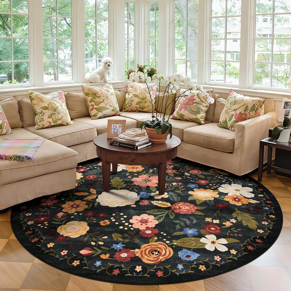 5x7 Washable Area Rug Green Boho Floral for Living Room Bedroom Nursery | Carpet for Dining Room, Soft Low-Pile Non-Slip Faux Wool, Farmhouse Indoor, Kid & Pet Friendly, Stain, Fade & Wear Resistant