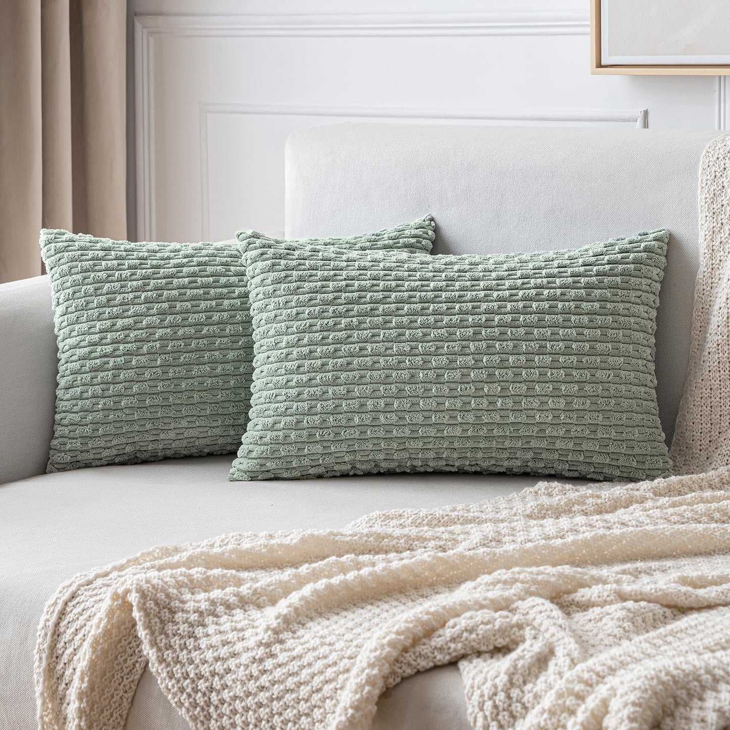 MIULEE Decorative Throw Pillow Covers 18x18 Sage Green Textured Corduroy | Pack of 2 Striped Pillow Covers Modern Farmhouse Home Decor for Couch Bed Sofa Living Room