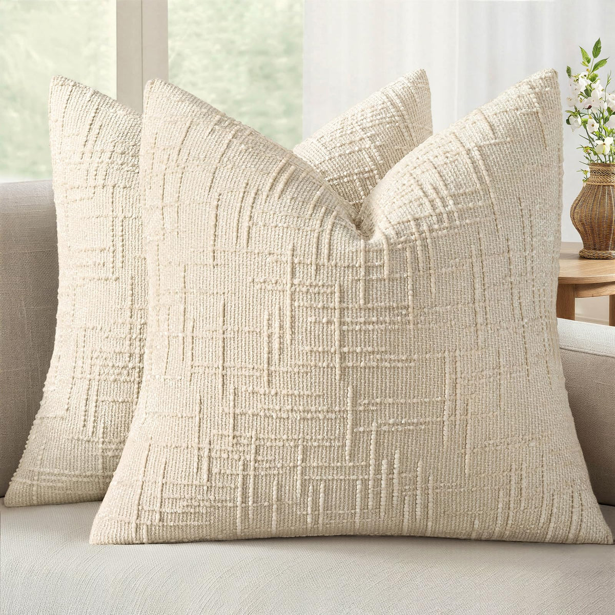 MIULEE Chenille Textured Throw Pillow Covers Cream White 18x18 Set of 2 | Slubby Decorative Pillows, Boho Farmhouse Home Decor, Modern Neutral Cushion Covers for Couch Sofa Bed Living Room