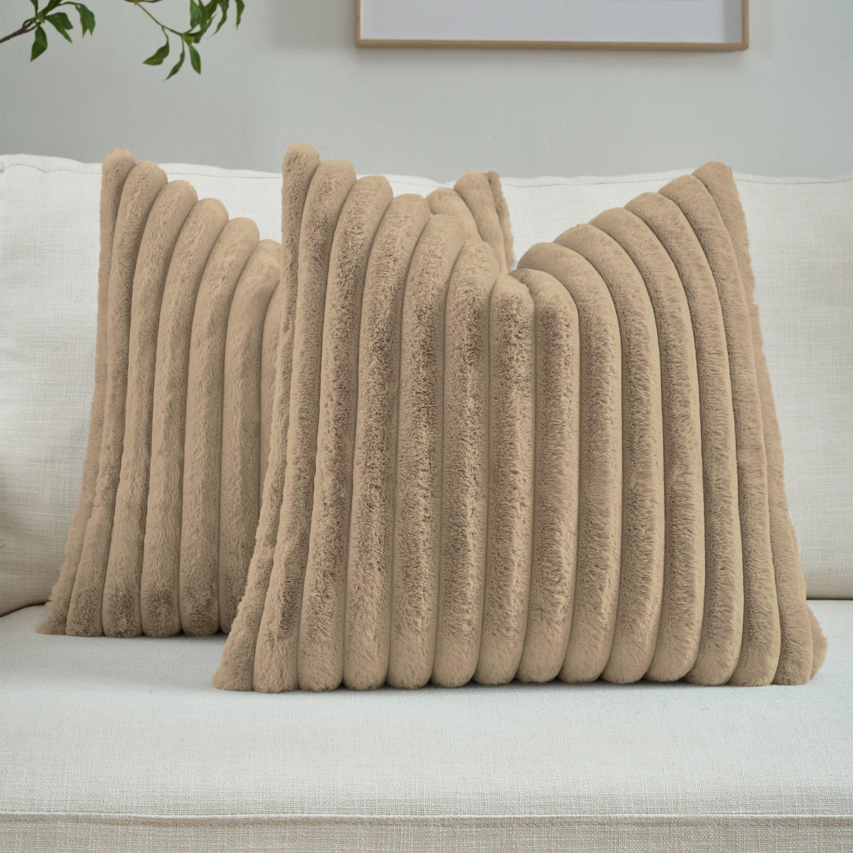 FUTEI Pack of 2 Faux Fur Throw Pillow Covers 18x18 Inch, Cream White | Fluffy Faux Rabbit Fur Front/Premium Velvet Back,Hidden Zipper,Machine Washable,Non-Shedding,Colorfast,Insert Not Included.