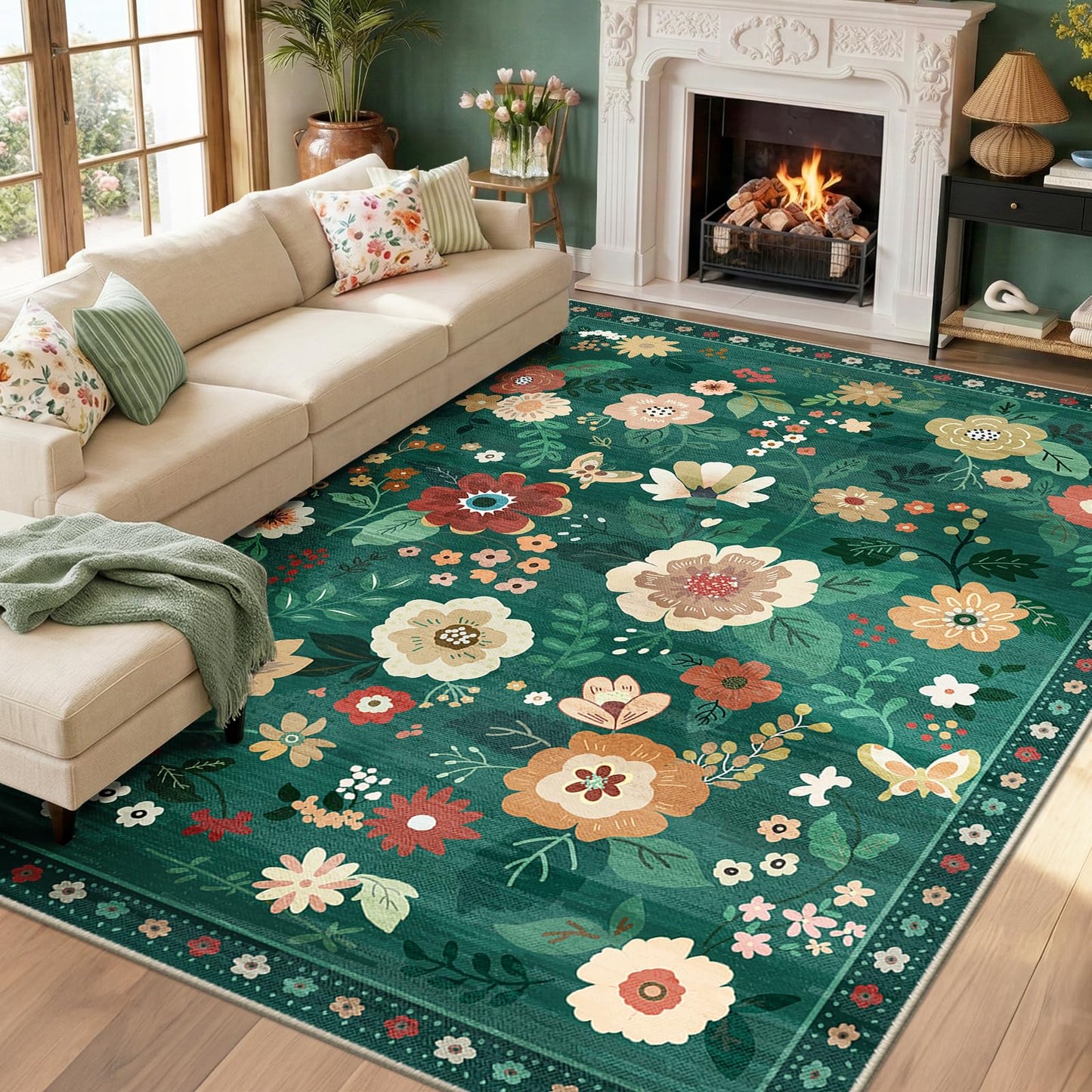 RELEANY Floral Washable 5x7 Area Rugs Beige/White/Orange | Flower Carpet, Print, Boho, Non-Slip, Easy to Clean, Soft, Low Pile for Living Room Bedroom Kitchen Office Entryway Hallway