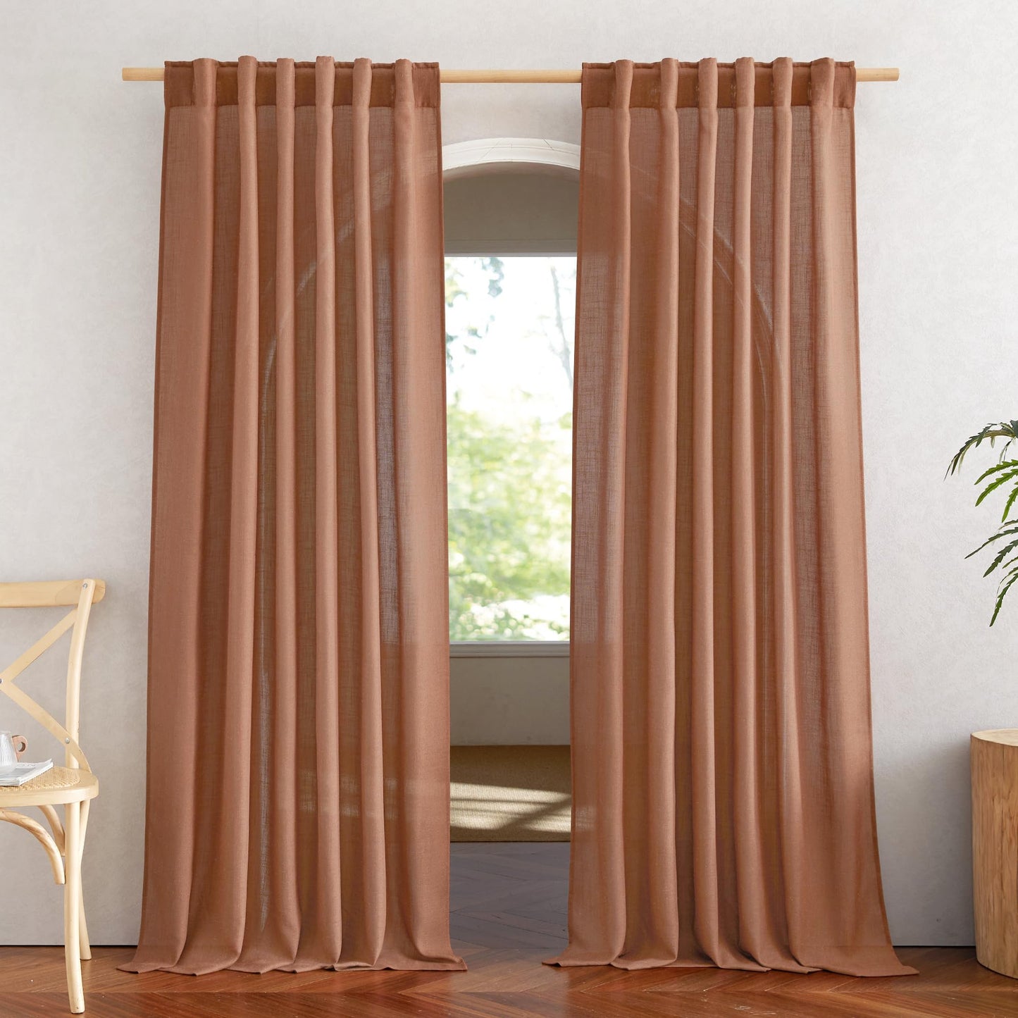 NICETOWN Flax Linen Curtains 84 inch Long, Rod Pocket & Back Tab Semi Sheer Vertical Drapes Privacy Added with Light Filtering for Bedroom/Living Room, Burlap, W52 x L84, 2 Pieces