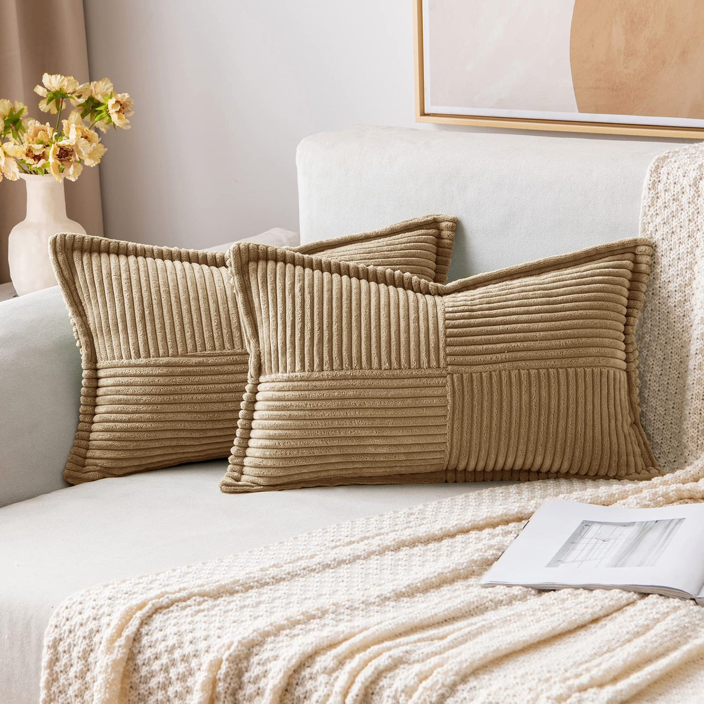 MIULEE Decorative Throw Pillow Covers for Couch 18x18 Inch Beige 2 Pack | Boho Broadside Striped Patchwork Pillow Covers, Soft Corduroy Cushion Cases, For Sofa Bed Livingroom Home Decor