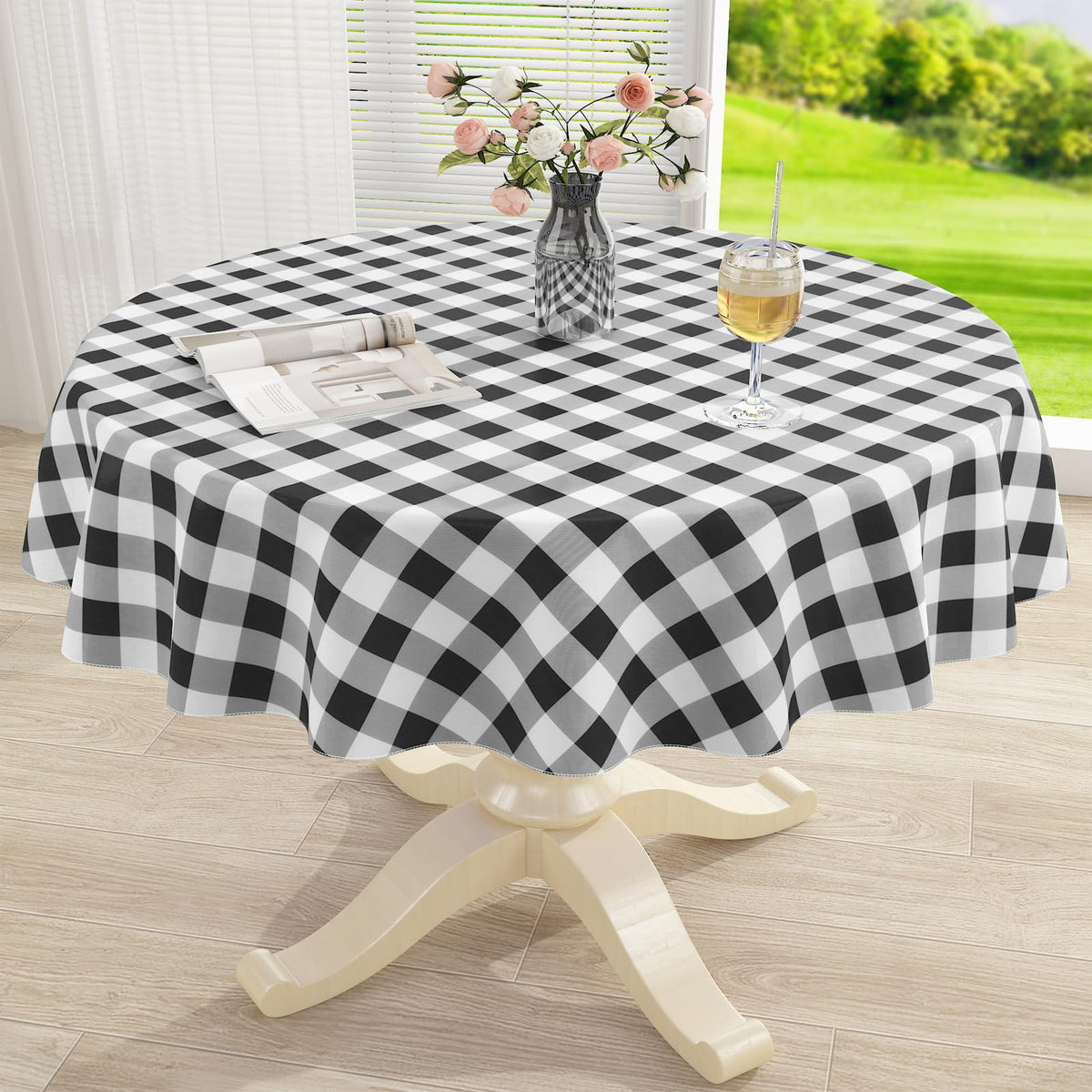Rectangle Waterproof Vinyl Table Cloth, Buffalo Flannel Backed Tablecloth, Wipeable Plastic Table Cover for Dinner, Kitchen, Outdoor (60" x 84", Black and White)