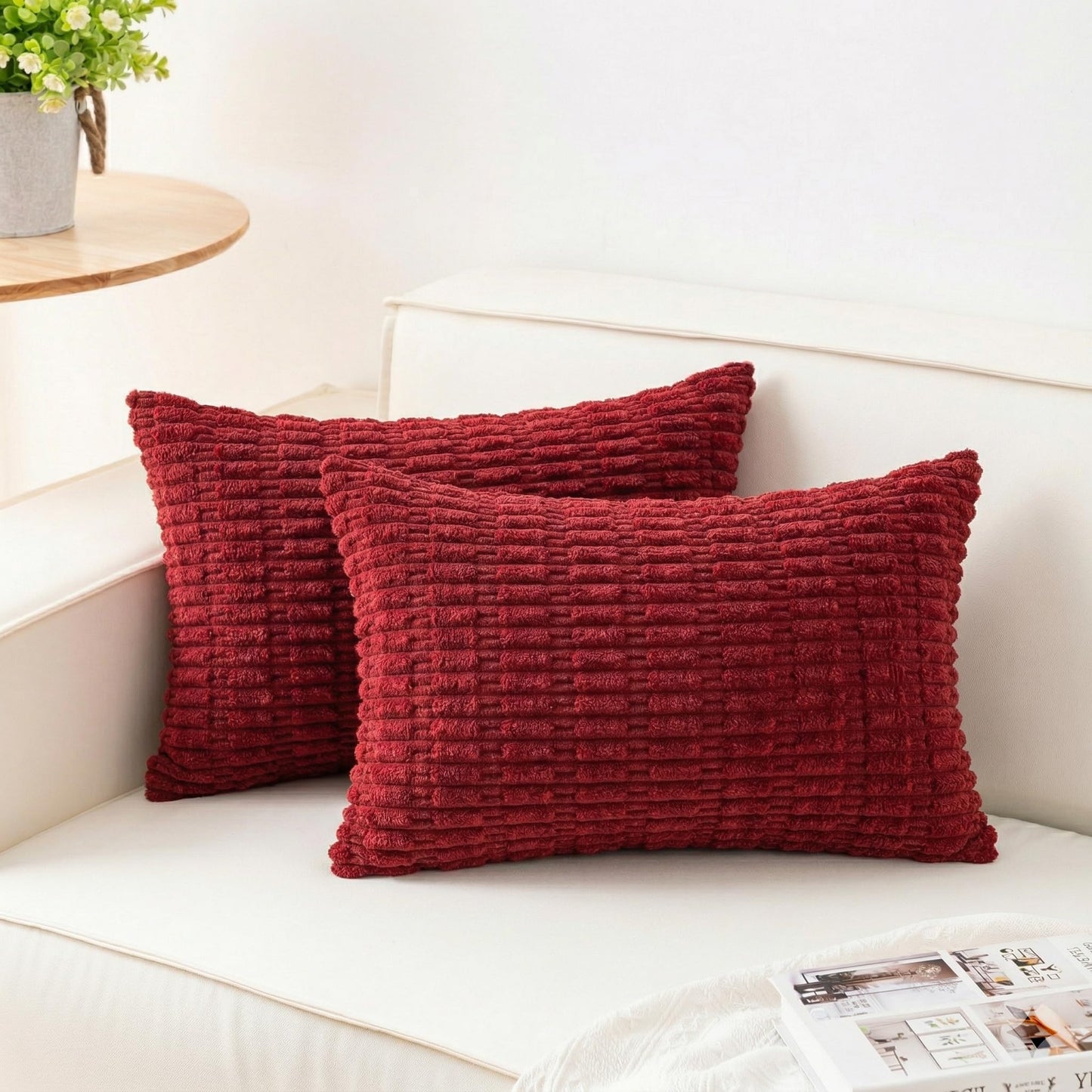 Pack of 2 Corduroy Decorative Throw Pillow Covers 18x18 Inch, Cream White | Fall Soft Striped Pillow Covers Modern Farmhouse Home Decor Christmas Throw Pillow Covers for Sofa Living Room Couch Bed ﻿