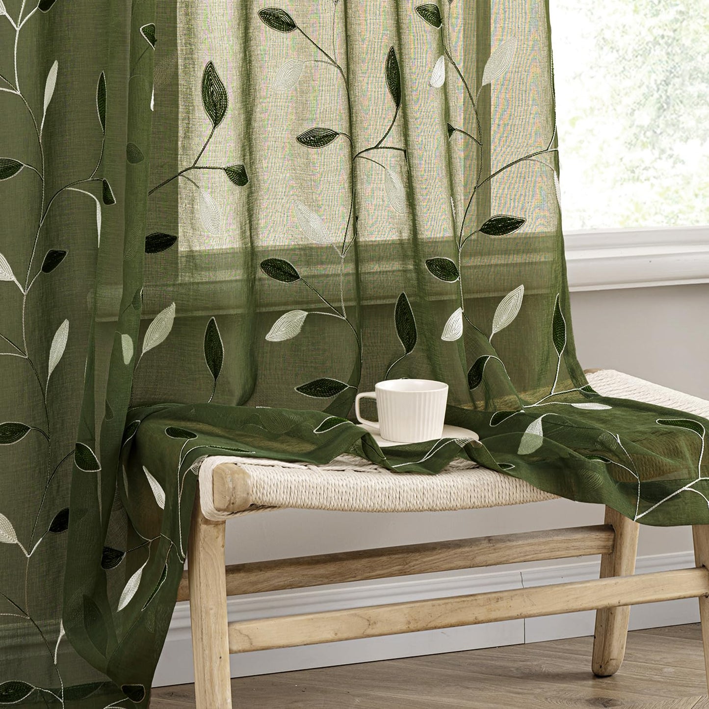 MIULEE Sage Green Sheer Curtains 2 Panels Leaf Patterned, W52 x L84 | Embroidered Floral Semi Sheer,Rod Pocket,Faux Linen,Short Window Curtains Drapes Set for Kitchen/Bathroom/Cafe