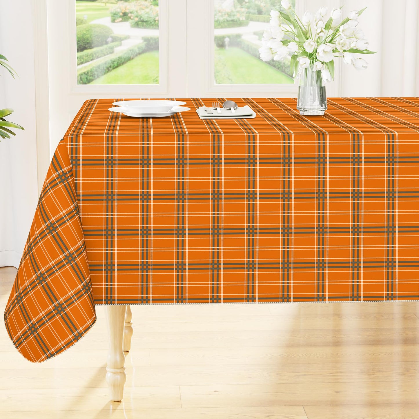 Smiry Picnic Table Cloth, Vinyl Tablecloths with Flannel Backing, 60"x84" | Waterproof Rectangle Table Cloth, Wipeable Buffalo Plaid Table Cover for Indoor and Outdoor (Khaki & White)