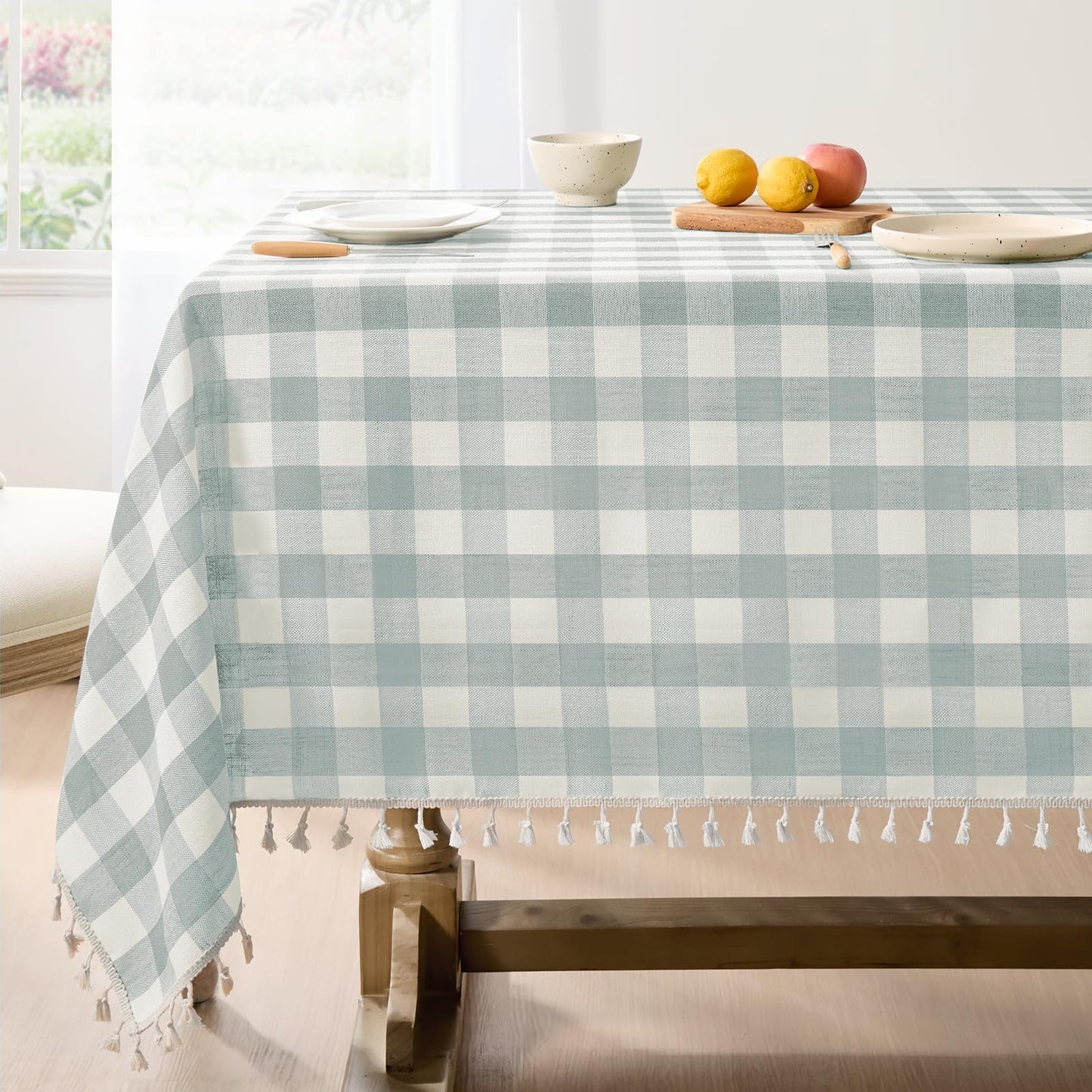 Softalker Outdoor Checkered Tablecloth, Linen Cotton Gingham Table Cloths for 6 Foot Rectangle Tables with Tassel, Heavy Duty Wrinkle Free Plaid Table Cover for Picnic Camping - 55 x 84 Inch, Sage