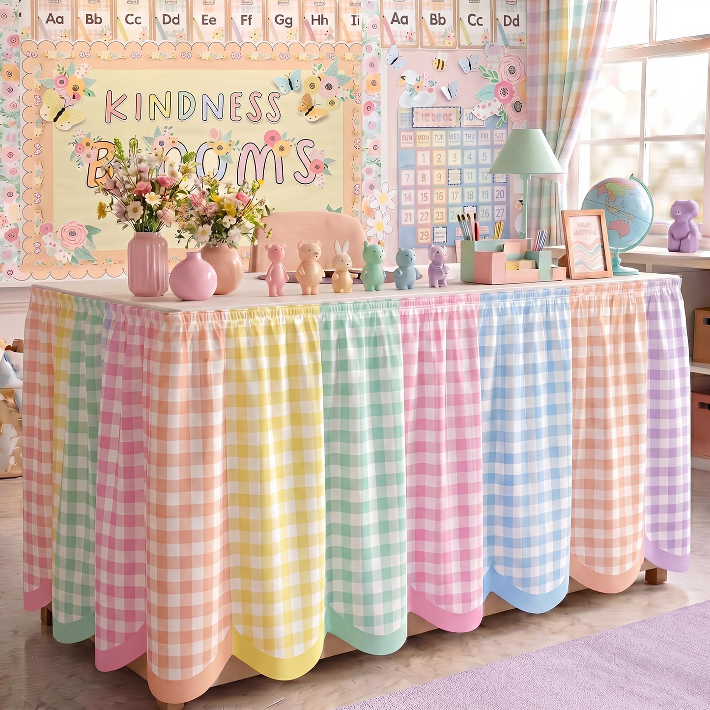 Teacher Desk Skirt 6 ft Pastel Checkered Classroom Decor | Ruffled Table Cover for Teacher Desk, Fits Kindergarten Office Decor, Back to School Classroom Supplies