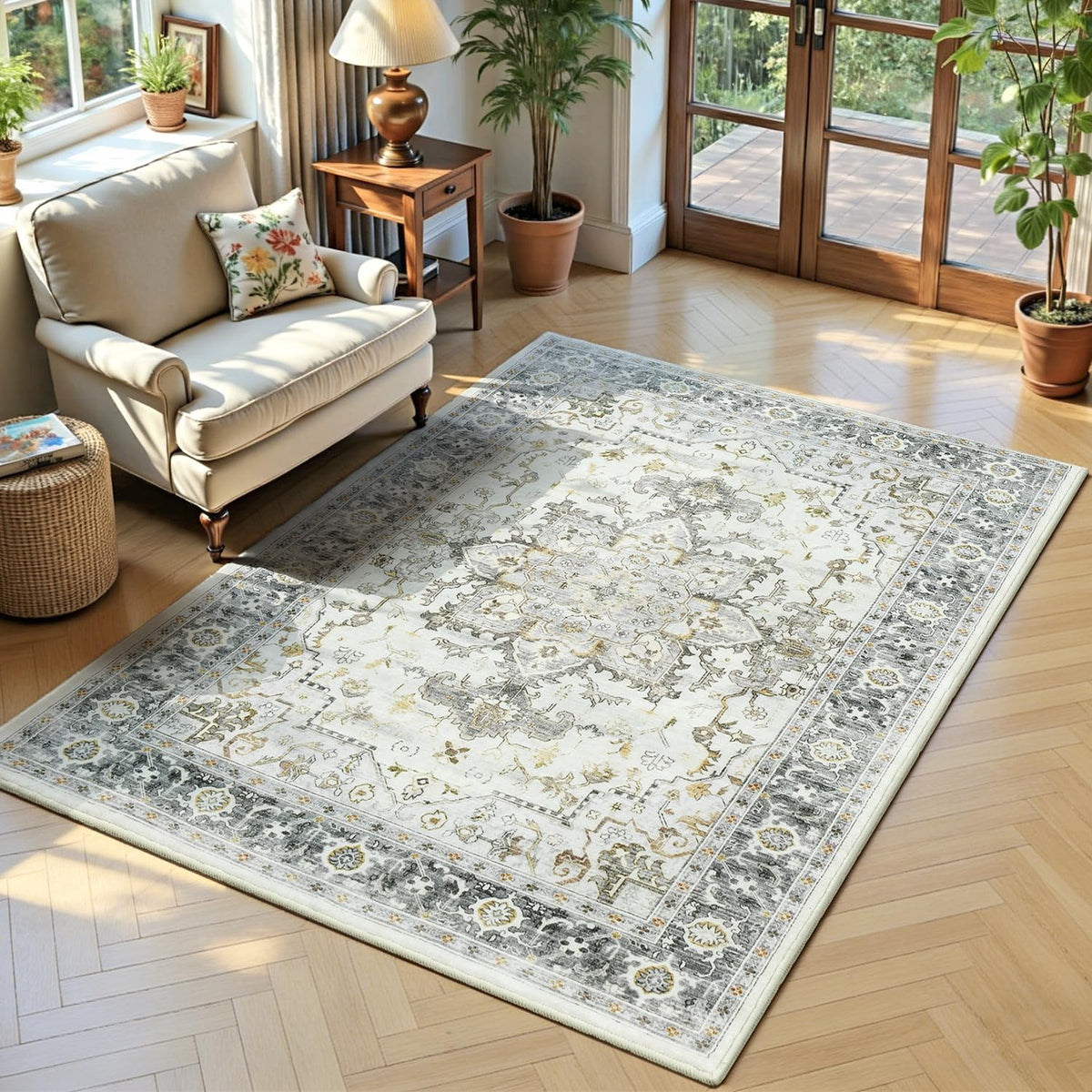Lofus 5x7 Area Rugs for Living Room Bedroom, Soft Boho Carpet Floral Brown | High-Power Vacuuming, Non-Slip, Low Pile, Stain & Water Repellent, Soft, Skin-Friendly, for Kitchen Entryway Office