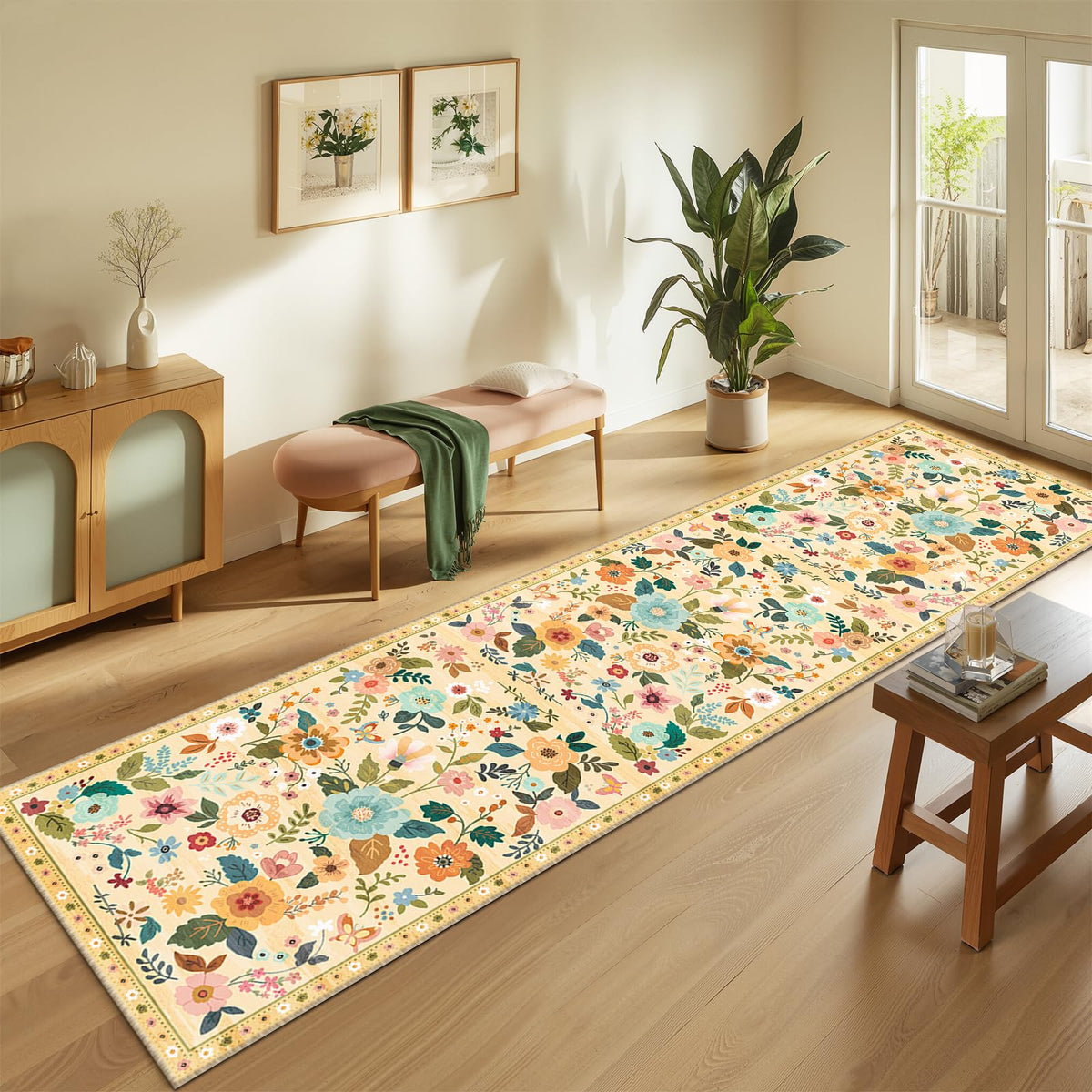RELEANY Floral Washable 5x7 Area Rugs Black | Flower Carpet, Print, Boho, Non-Slip, Easy to Clean, Soft, Low Pile for Living Room Bedroom Kitchen Office Entryway Hallway
