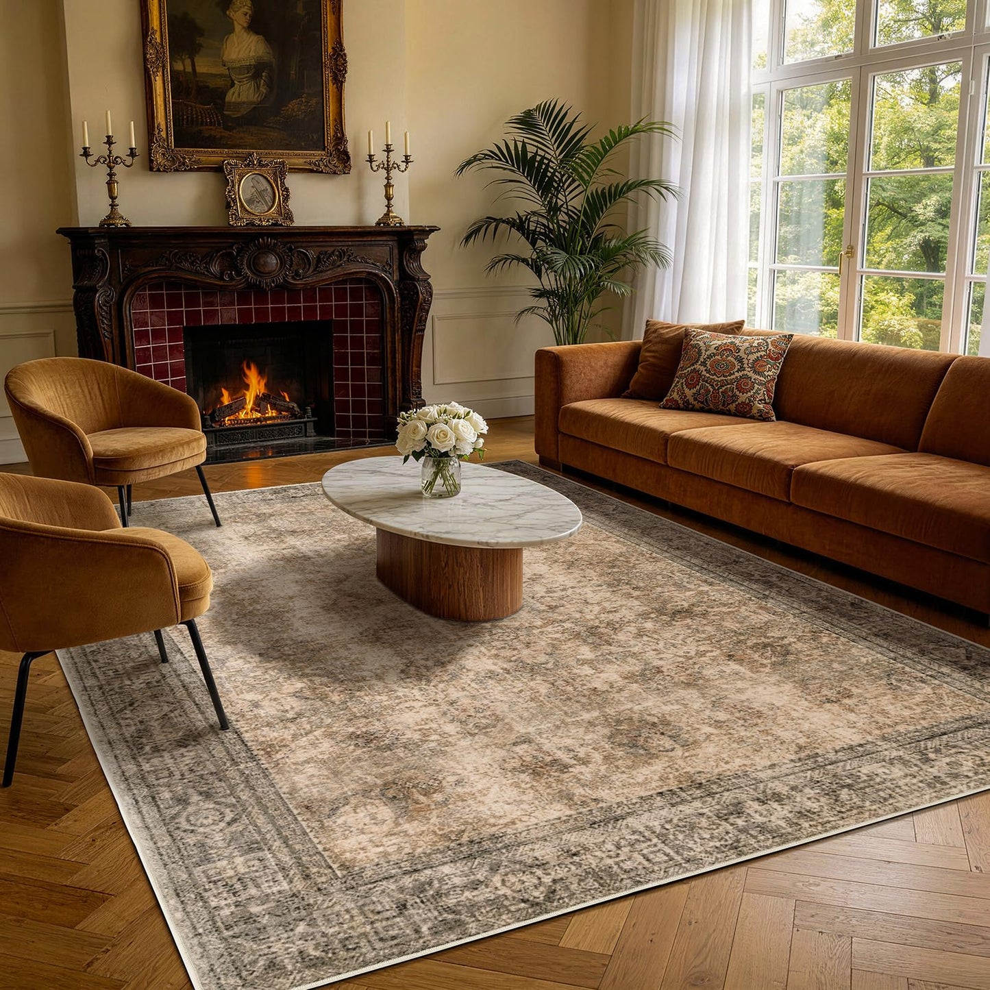8x10 Washable Area Rug, Black Solid Area Rugs for Living Room & Bedroom | Stain-resistant & Non-slip backing,Low Pile Washable Large Carpet, Solid Vintage Style For High Traffic Areas(8x10,Black)