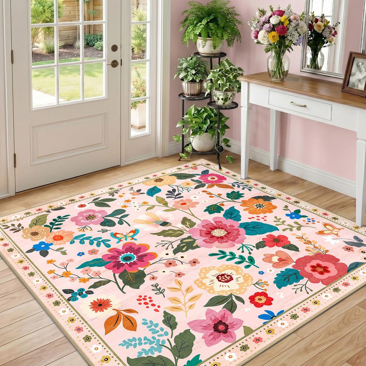 RELEANY Floral Washable 5x7 Area Rugs Black | Flower Carpet, Print, Boho, Non-Slip, Easy to Clean, Soft, Low Pile for Living Room Bedroom Kitchen Office Entryway Hallway