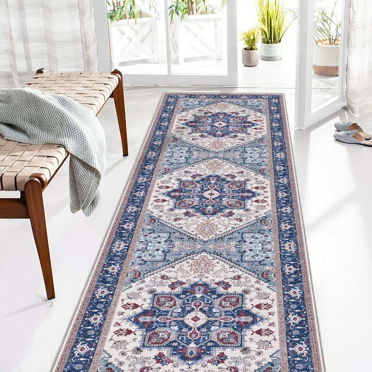 OPPODREAM Soft Area Rugs 5x7, Persian-Inspired Washable Rug, Blue & Gold | Low-Pile Faux Cashmere Surface, TPR Non-Slip Backing, 5 x 7 Carpet for Bedroom, Office, Dorm, Dining Room
