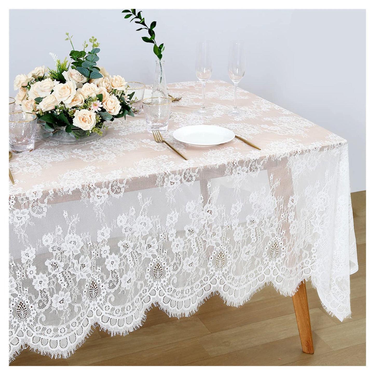 Fanqisi Ivory Lace Tablecloth 60x120 Inches Classic Wedding Lace Tablecloths Overlay Party Table Cover for Bridal Shower Reception Table Decoration