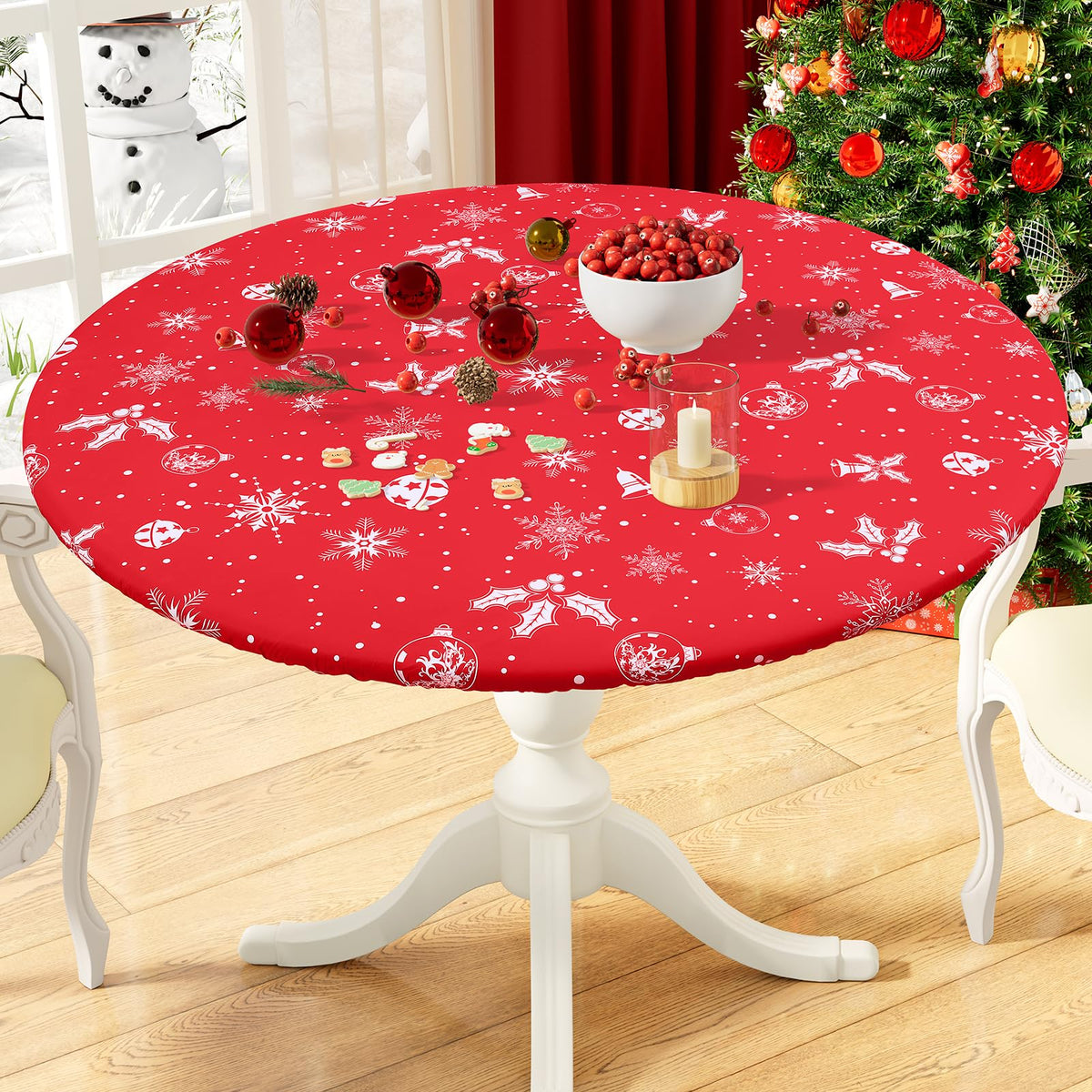 Round Fitted Tablecloth with Elastic Edge, 100% Waterproof Oil Proof Plastic Table Cover, Vinyl Flannel Backed Tablecloth Fits 36"-44" Round Tables for Dinner, Outdoor, Picnic, Oak Wooden Grain