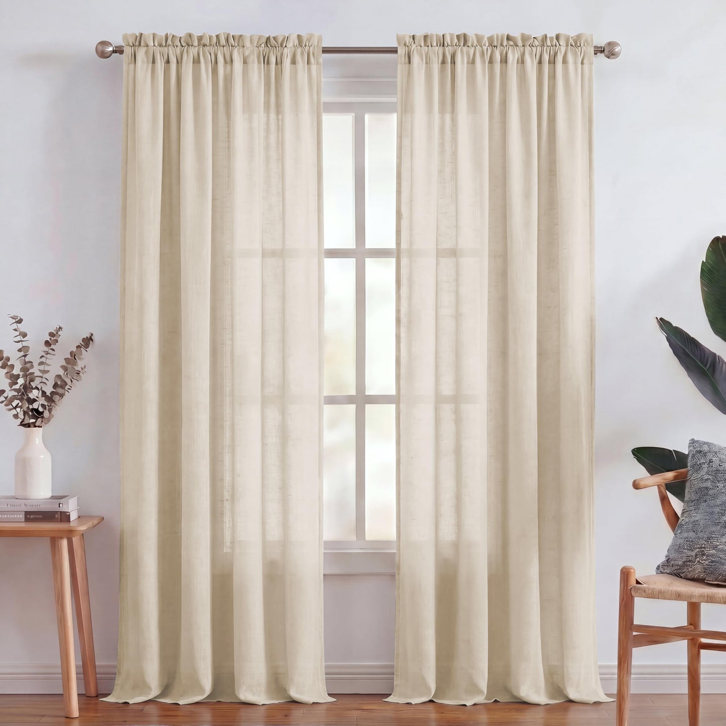 Turquoize White Linen Curtains 96 Inches Long Semi Sheer Curtains Light Filtering Linen Drapes for Living Room/Bedroom 2 Panels Set Rod Pocket Window Treatments Panels,W52 x L96, White