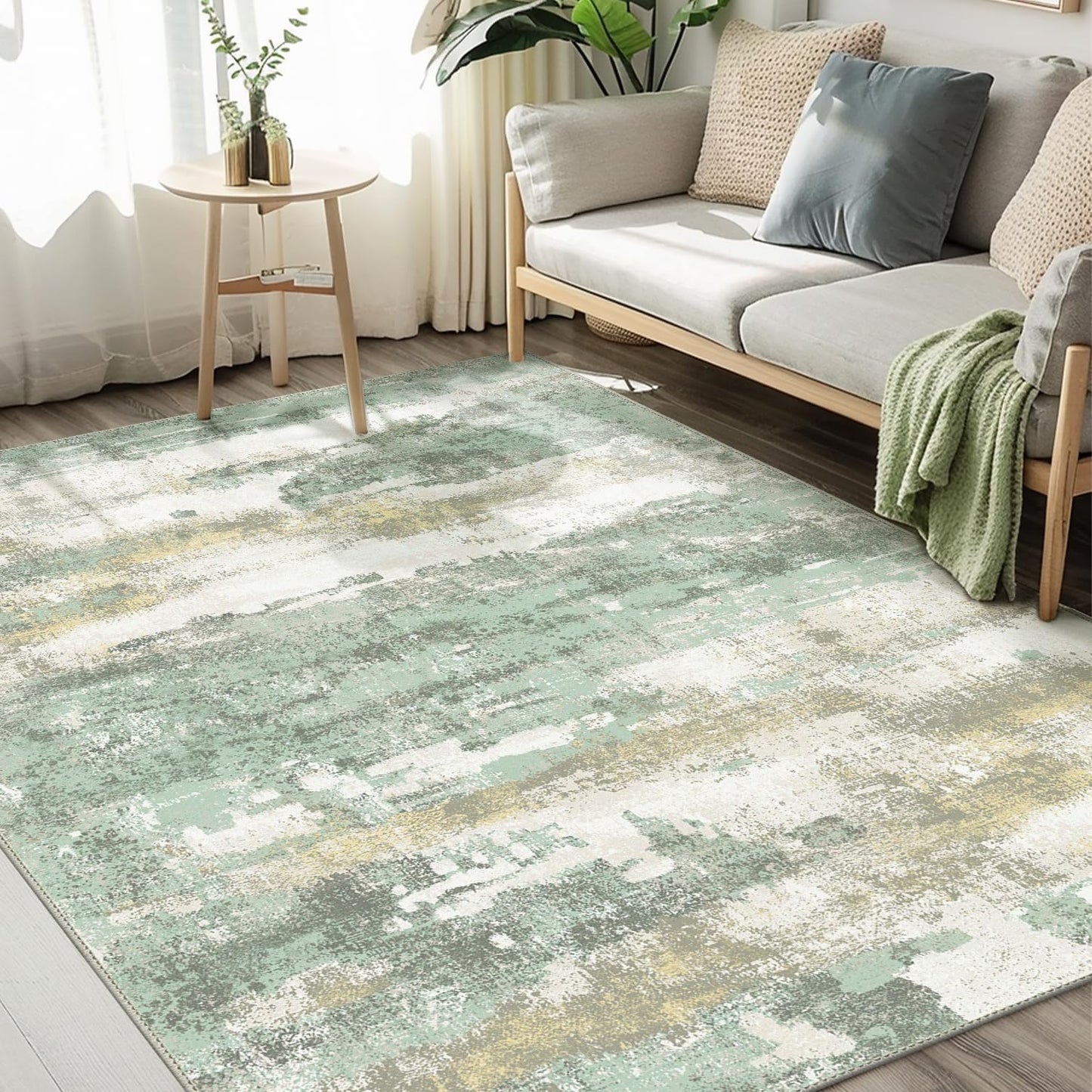 BEIMO 5x7 Green Abstract Area Rug, Washable Non-Slip for Bedroom | Soft Low-Pile Carpet, Lightweight and Easy to Vacuum, Sage Living Rooms, Dining Rooms, Bedrooms, and Home Offices