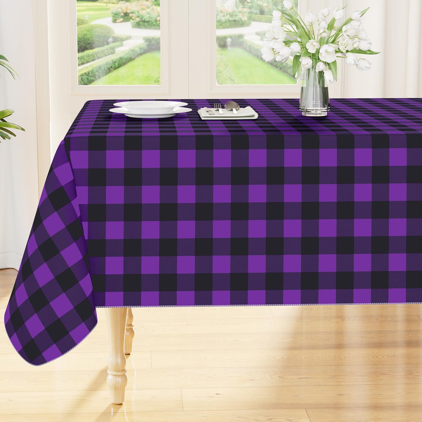 Smiry Picnic Table Cloth, Vinyl Tablecloths with Flannel Backing, 60"x84" | Waterproof Rectangle Table Cloth, Wipeable Buffalo Plaid Table Cover for Indoor and Outdoor (Khaki & White)