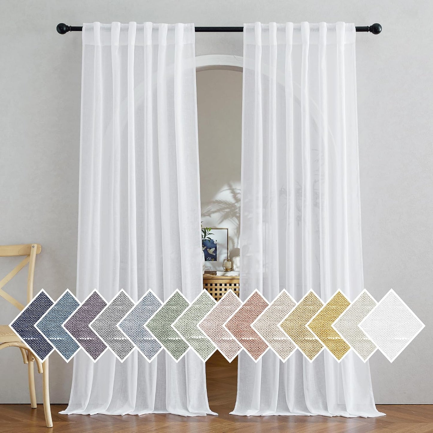 NICETOWN Semi Sheer White Curtains 84 inch Long, Rod Pocket & Back Tab Sheer Linen Curtains & Drapes Balance Privacy & Light Panels for Bedroom/Living Room, W52 x L84, 2 Panels