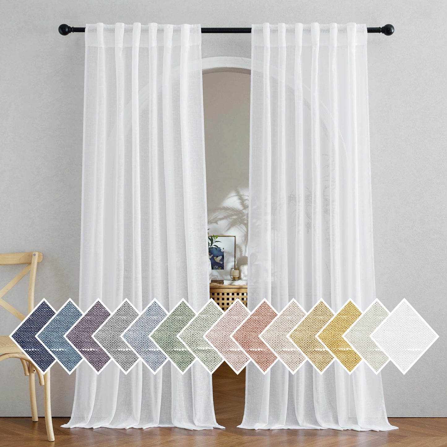 NICETOWN Semi Sheer White Curtains 84 inch Long, Rod Pocket & Back Tab Sheer Linen Curtains & Drapes Balance Privacy & Light Panels for Bedroom/Living Room, W52 x L84, 2 Panels