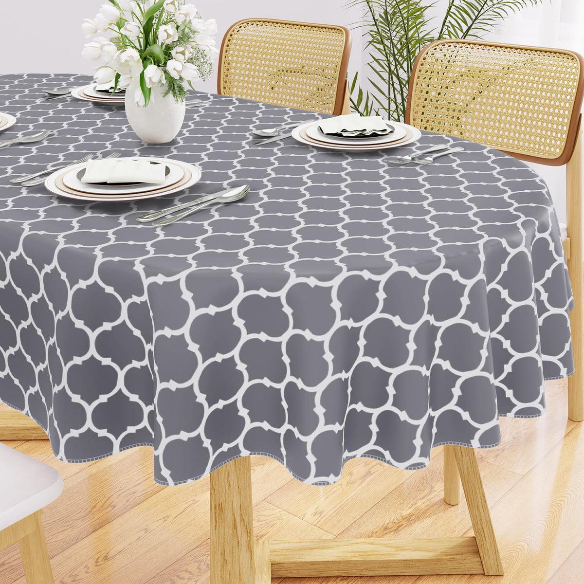 Smiry Rectangle Table Cloth, Flannel Backed Vinyl Tablecloth, 60"x84" | Waterproof Plastic Tablecloths, Wipeable Table Cover for Dining, Indoor and Outdoor (Grey)