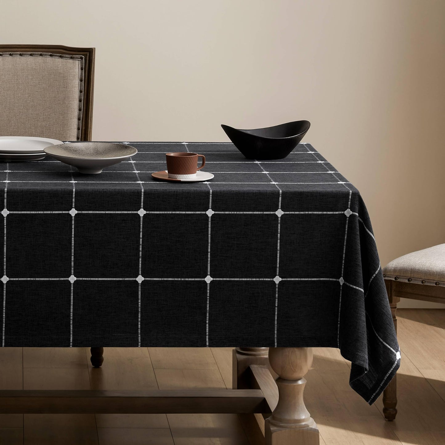 Grid Embroidered Rectangle Hemmed Tablecloths 60x120in, Blue | Heavy Weight Non-sheer Linen Fabric, Mitered Corner Finish, Water Resistant Farmhouse Table Cover, Boho Plaid Home Decor