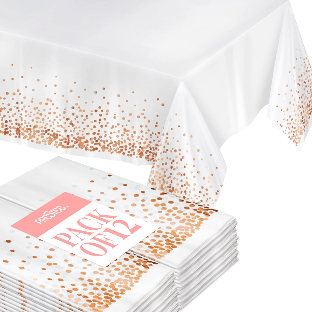 Prestee 12-Pack White and Gold Tablecloth - 54x108 Inch - Disposable Table Covers for Party, Weddings, and Holidays - Waterproof Christmas Tablecloth, Stain-Resistant Plastic Table Cover Set