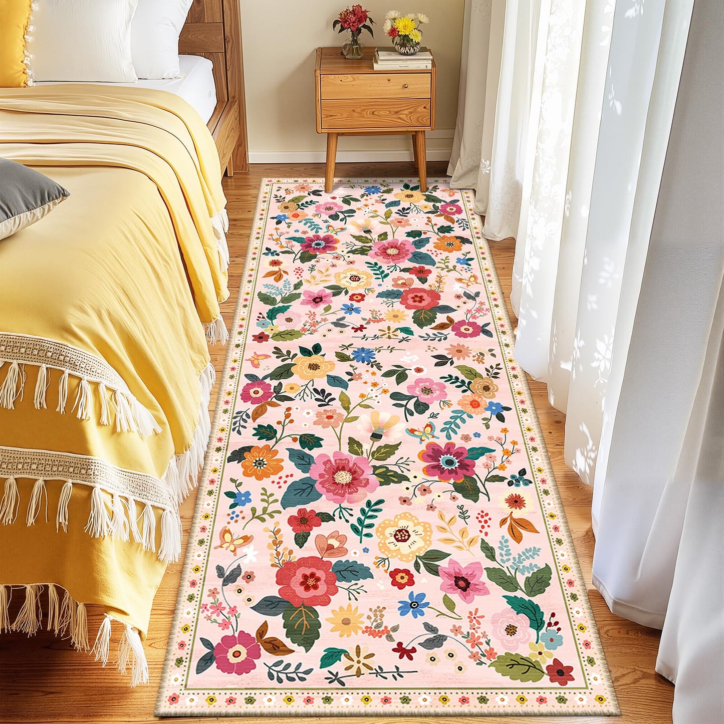 RELEANY Floral Washable 5x7 Area Rugs Black | Flower Carpet, Print, Boho, Non-Slip, Easy to Clean, Soft, Low Pile for Living Room Bedroom Kitchen Office Entryway Hallway