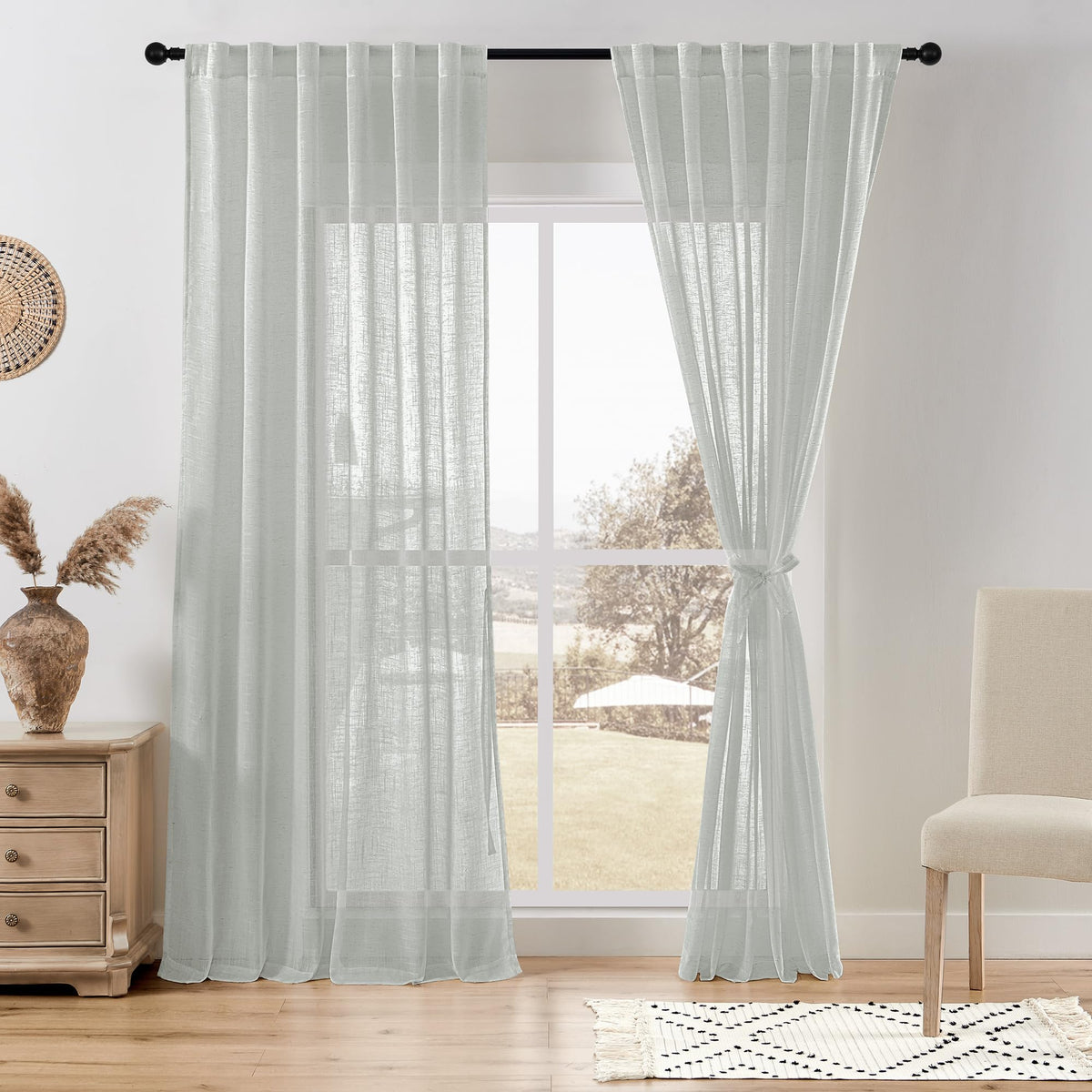 DWCN White Faux Linen Sheer Curtains, 2 Panels, 52x84 Inch | Faux Linen Textured Curtains with Rod Pocket & Back Tab, Semi Voile Light Airy Gauzy Privacy Drapes for Living Room Bedroom