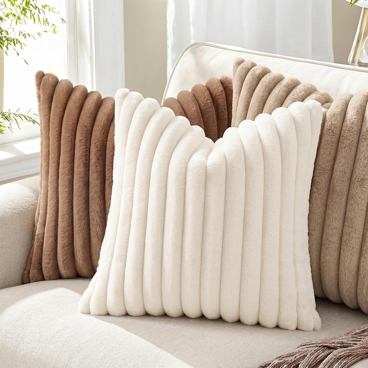 Pallene Faux Fur Decorative Throw Pillow Covers 18x18 Set of 2, Cream White | Luxury Plush Texture, Striped Design, Cozy Soft Touch, Modern Home Accent Decor for Couch, Sofa, Bed, Living Room