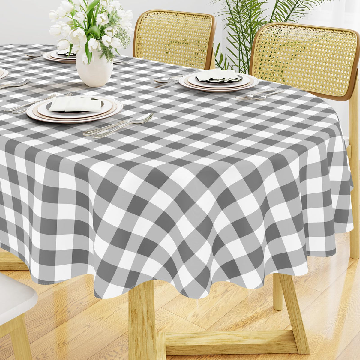 Smiry Picnic Table Cloth, Vinyl Tablecloths with Flannel Backing, 60"x84" | Waterproof Rectangle Table Cloth, Wipeable Buffalo Plaid Table Cover for Indoor and Outdoor (Khaki & White)