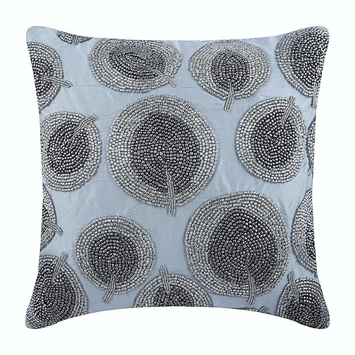 HomeCentric Silver Faux Leather Pearl Leaves Pillow, 24x24 inch, Silk, Contemporary Floral - Silver Beauty