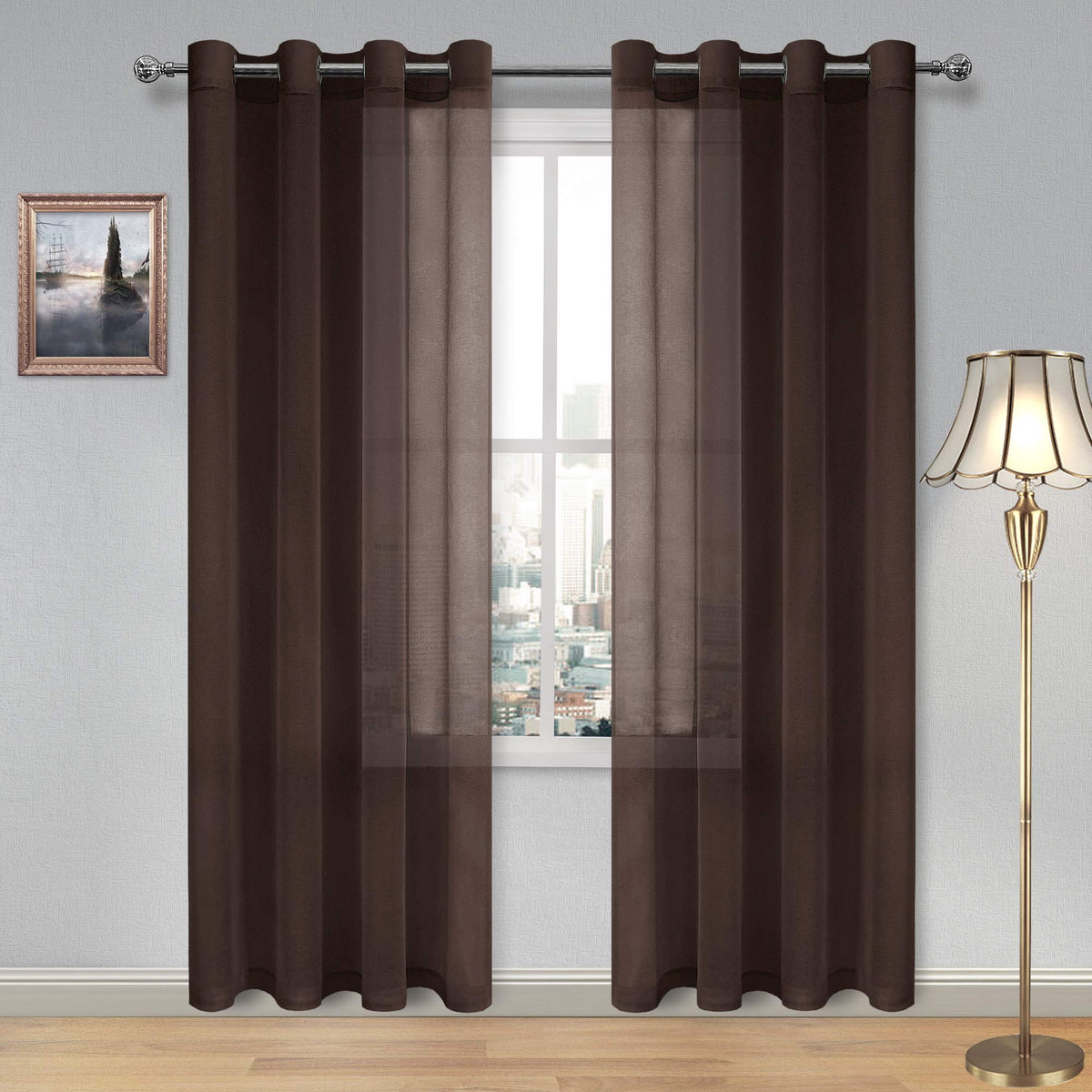 DWCN White Sheer Curtains Linen Look Semi Transparent Voile Grommet White Curtains for Living Dining Room Drapes 52 x 84 Inch Long, Set of 2 Panels