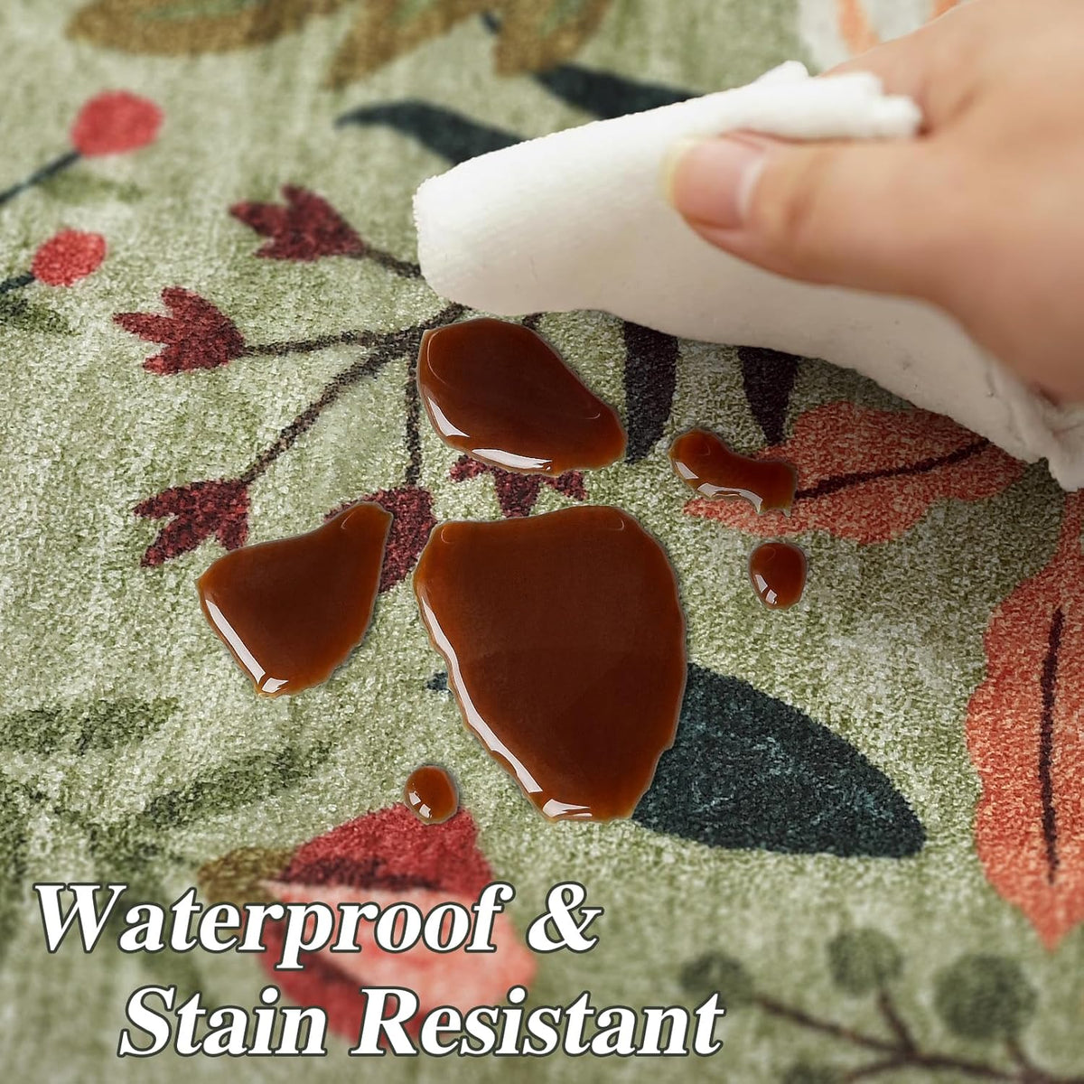 5x7 Washable Area Rug Green Boho Floral for Living Room Bedroom Nursery | Carpet for Dining Room, Soft Low-Pile Non-Slip Faux Wool, Farmhouse Indoor, Kid & Pet Friendly, Stain, Fade & Wear Resistant
