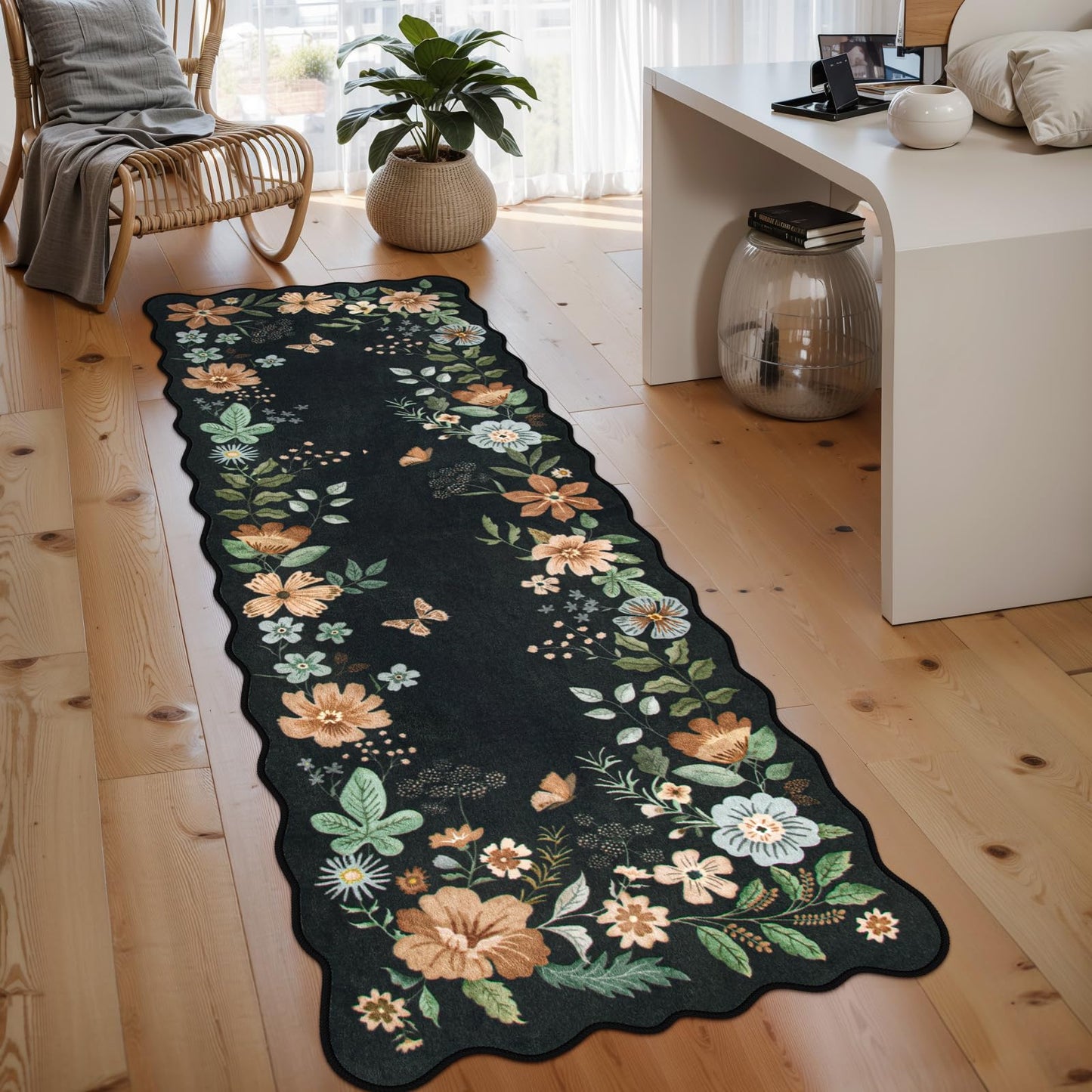 Lahome Floral Washable Living Room Rug, 5x7 Area Rugs for Bedroom Soft | Dining Room Rug Ultra-Thin Non Slip Stain Resistant Boho Low-Pile Throw Carpet for Office Flore (5x7ft, Beige)