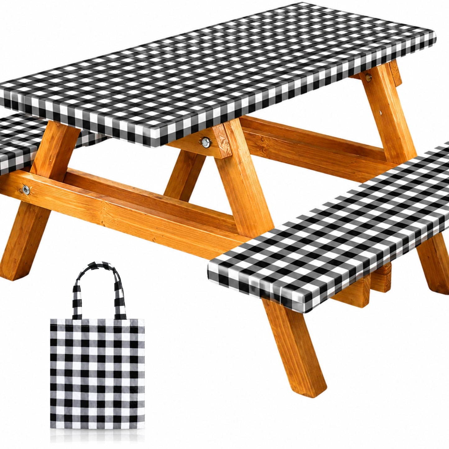 Vinyl Fitted Picnic Table Cover with Bench Covers & Blue 6ft Blue Checkered | Vinyl Fitted Picnic Table Cover with Bench Covers and Bag, Outdoor Waterproof Windproof Picnic Tablecloth with Elastic Edges.