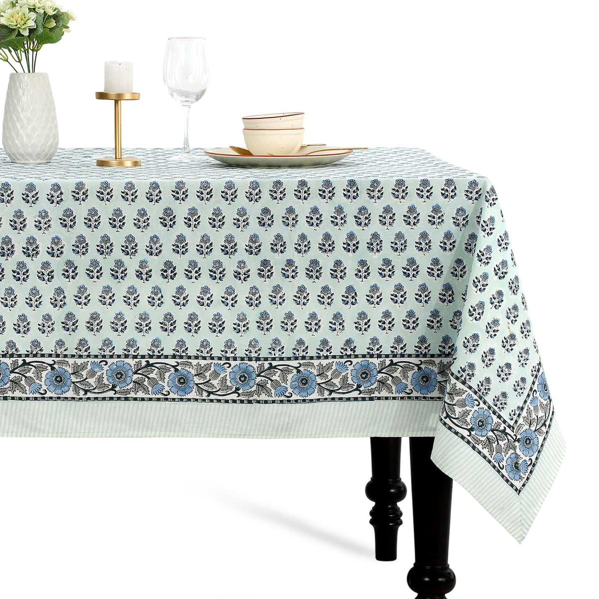 CPC Tablecloth 100% Cotton 70x108 Inch Indian Block Print Rectangle Table Cover, Blue Table Cloth for Weddings, Spring/Summer, Barbeque - Apatite Blue
