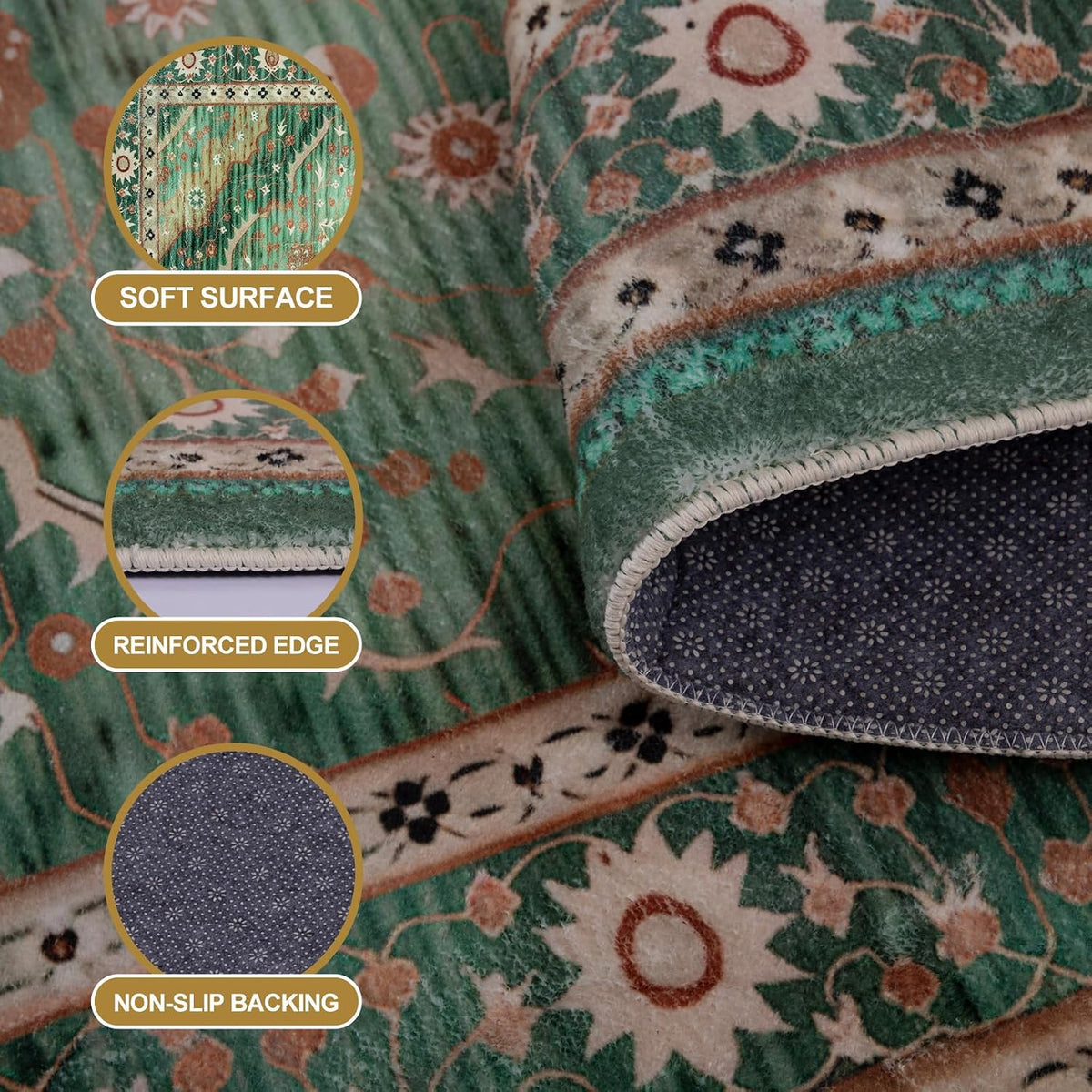 Vintage Texture Area Rug, Machine Washable, Anti-Slip, Stain Resistant, Soft Plush Floor Carpet for Living Room, Bedroom, Office(Green, 200 * 250CM)