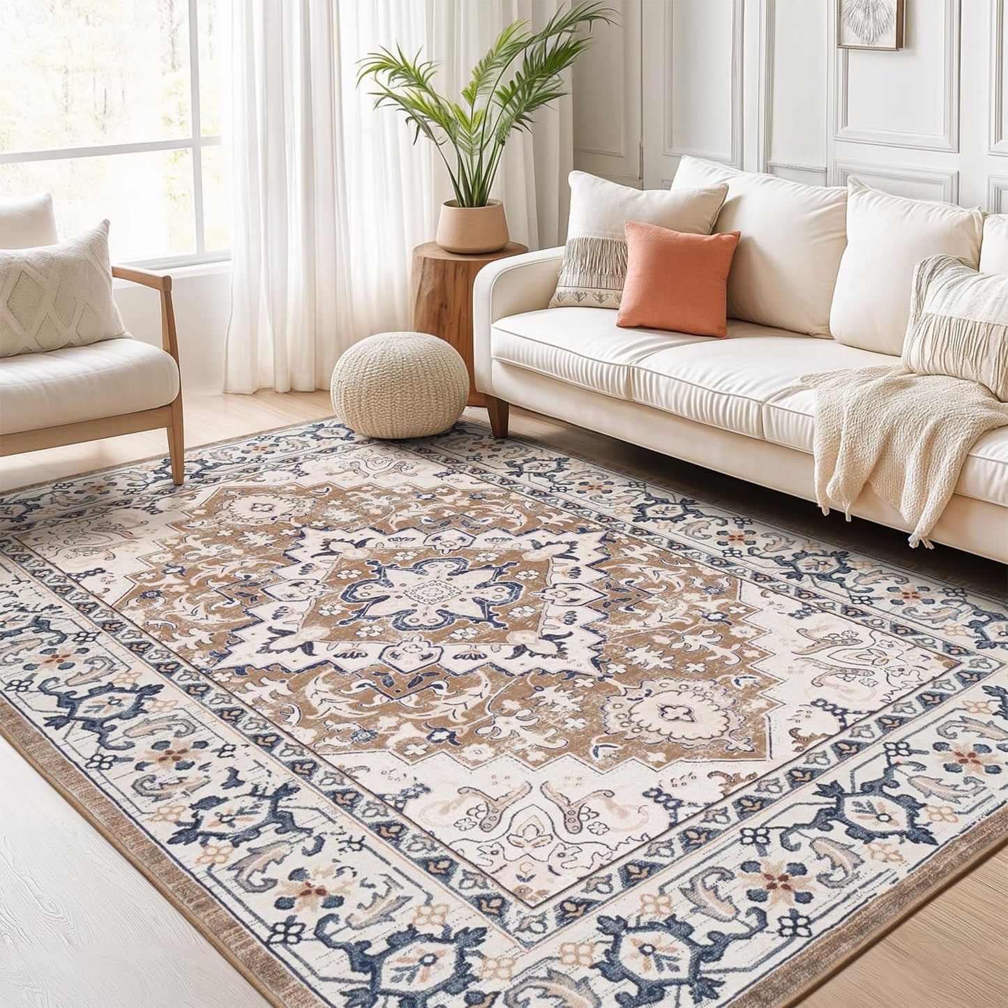 Lofus 5x7 Area Rugs for Living Room Bedroom, Soft Boho Carpet Floral Brown | High-Power Vacuuming, Non-Slip, Low Pile, Stain & Water Repellent, Soft, Skin-Friendly, for Kitchen Entryway Office