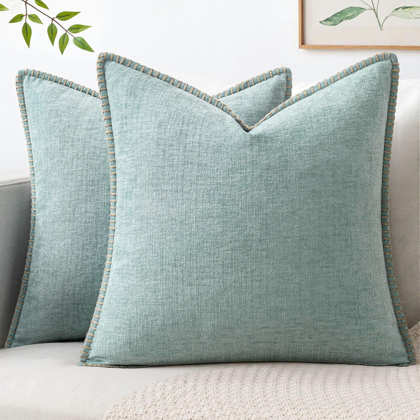 MIULEE Decorative Couch Throw Pillow Covers 18x18 Inch Sage Green 2 Pack | Farmhouse Pillow Covers with Stitched Edge, Soft Chenille Cushion Cases, for Sofa Bed Living Room Home Decor