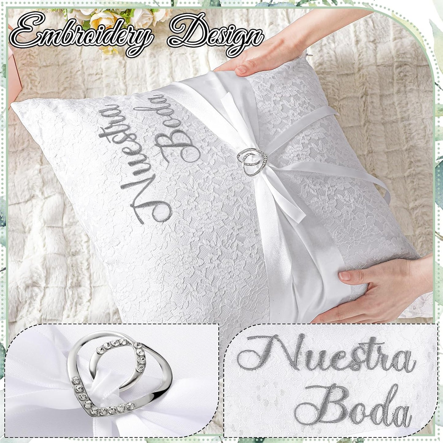 Mixweer 2pcs Wedding Embroidered Kneeling Pillows Nuestra Boda 18 x 18 Inch Embroidered Prayer Pillow Satin and Lace Kneeling White/Silver, Cojines para Boda, Decoracion (18",Without Pillow)
