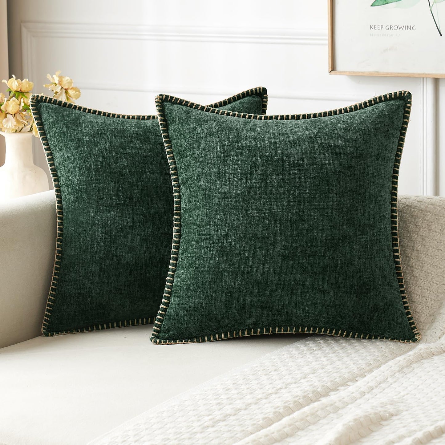 MIULEE Decorative Couch Throw Pillow Covers 18x18 Inch Sage Green 2 Pack | Farmhouse Pillow Covers with Stitched Edge, Soft Chenille Cushion Cases, for Sofa Bed Living Room Home Decor