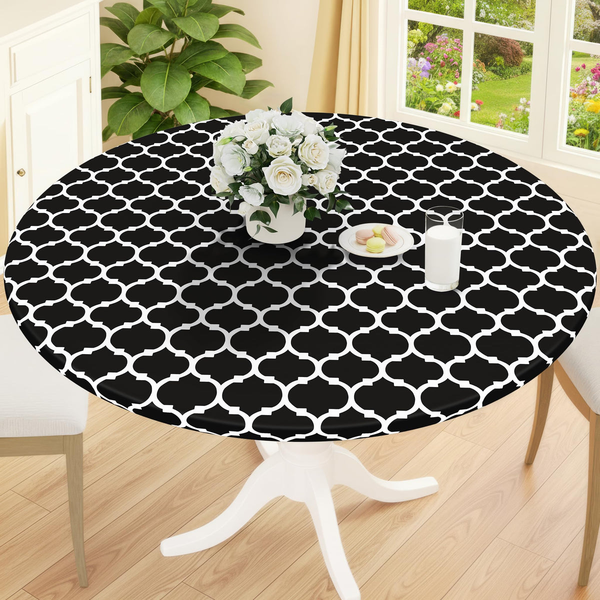 Smiry Round Picnic Tablecloth, Waterproof Elastic Fitted Table Covers for 45" - 56" Tables, Wipeable Flannel Backed Vinyl Tablecloths for Camping, Indoor, Outdoor, Grey & White