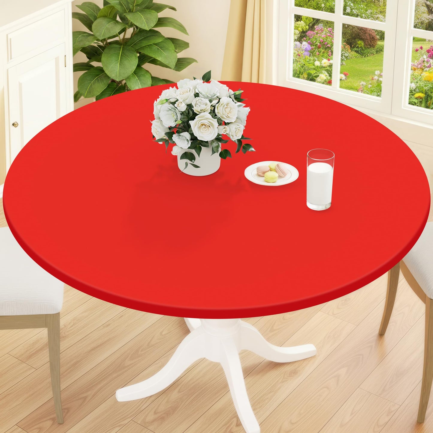 Smiry Round Picnic Tablecloth, Waterproof Elastic Fitted Table Covers for 45" - 56" Tables, Wipeable Flannel Backed Vinyl Tablecloths for Camping, Indoor, Outdoor, Grey & White