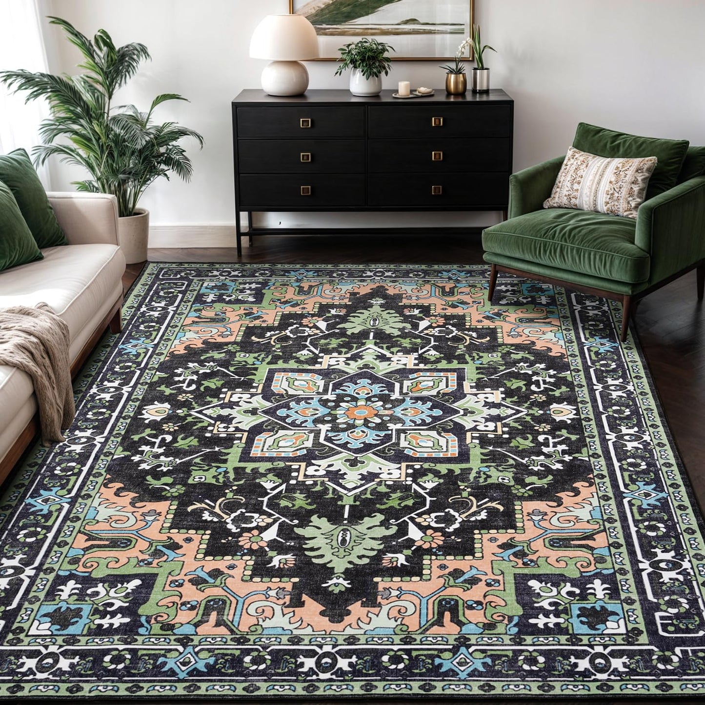 Lofus 5x7 Area Rugs for Living Room Bedroom, Soft Boho Carpet Floral Brown | High-Power Vacuuming, Non-Slip, Low Pile, Stain & Water Repellent, Soft, Skin-Friendly, for Kitchen Entryway Office