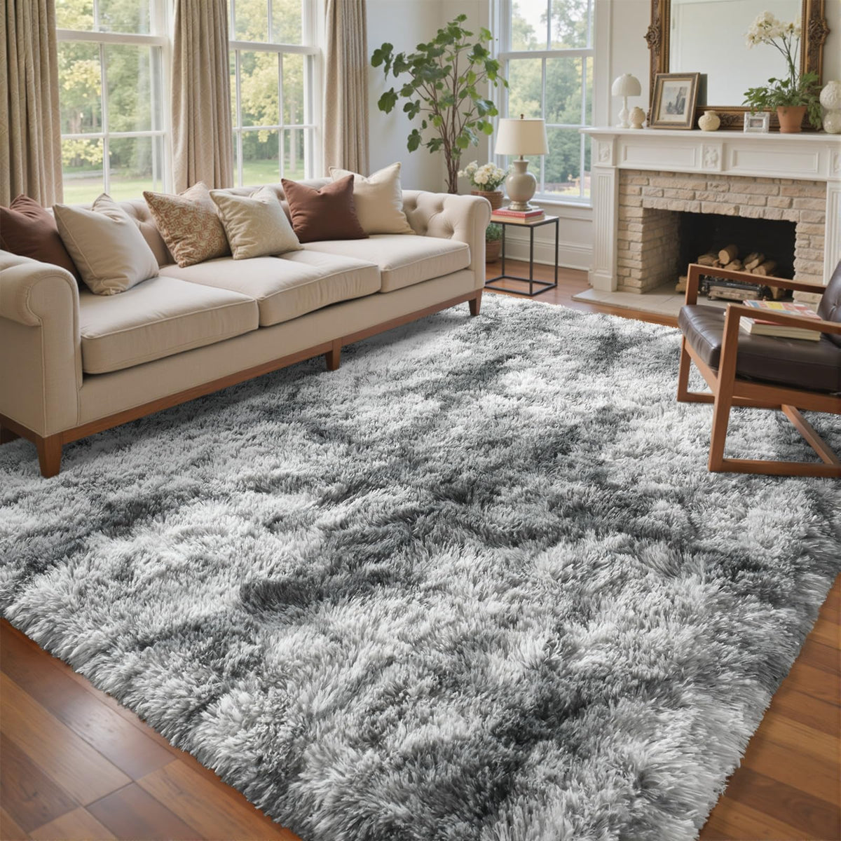 6x9 Ft Large Shag Rugs for Living Room Decor, Tie-Dyed Ultra Soft Fluffy Furry Area Rugs for Bedroom Indoor Floor, Aesthetic Carpet for Kids Home (Dark Grey)