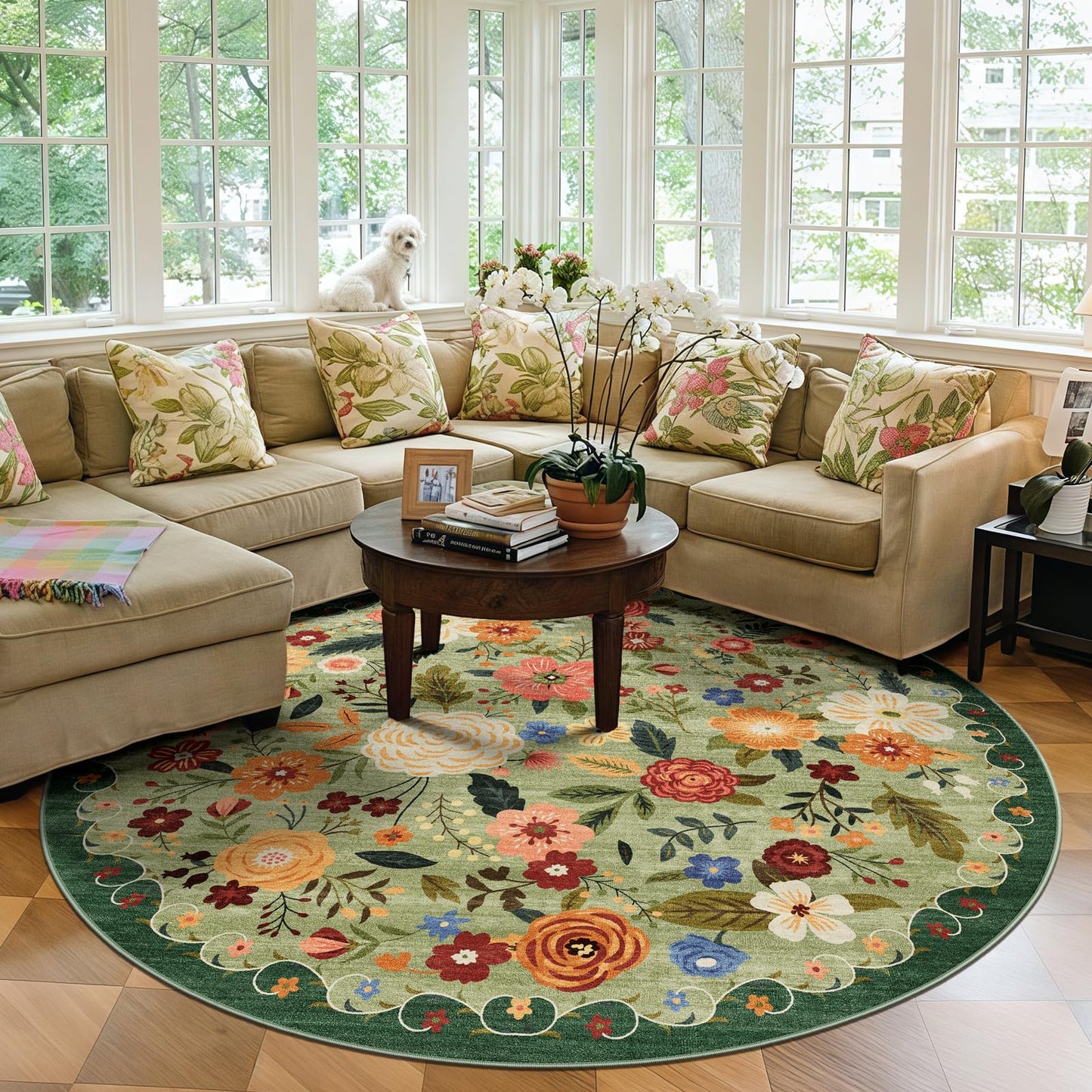 5x7 Washable Area Rug Green Boho Floral for Living Room Bedroom Nursery | Carpet for Dining Room, Soft Low-Pile Non-Slip Faux Wool, Farmhouse Indoor, Kid & Pet Friendly, Stain, Fade & Wear Resistant