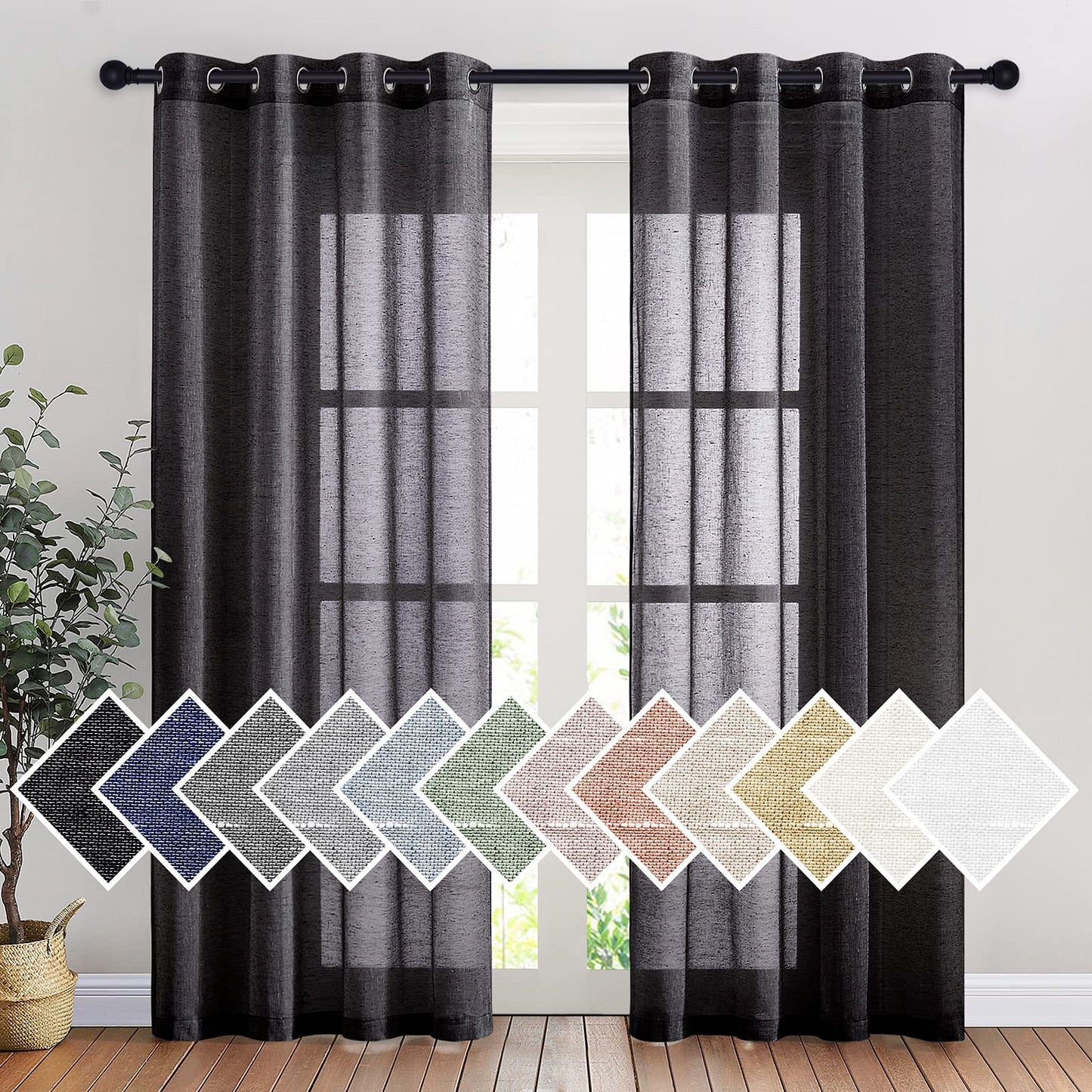 NICETOWN White Sheer Linen Curtains for Living Room 84 inch Length 2 Panels Set, Grommet Semi Sheer Privacy with Light Filtering Flax Window Treatments for Bedroom, W52 x L84