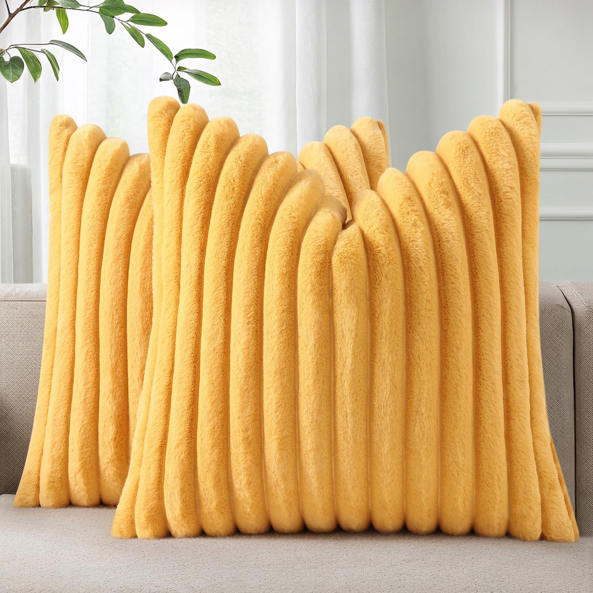 Pallene Faux Fur Decorative Throw Pillow Covers 18x18 Set of 2, Cream White | Luxury Plush Texture, Striped Design, Cozy Soft Touch, Modern Home Accent Decor for Couch, Sofa, Bed, Living Room